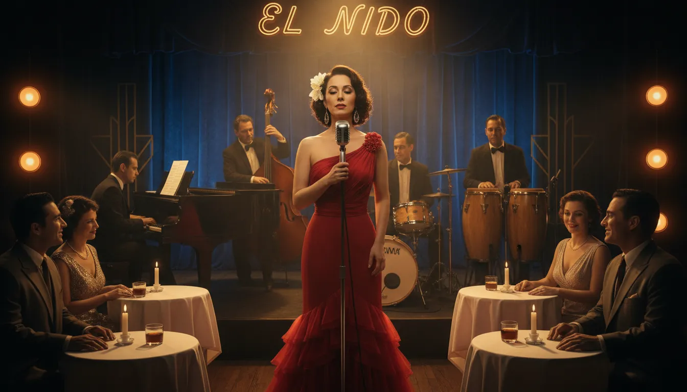 Cantante de bolero cubano con micrófono vintage en club nocturno de La Habana