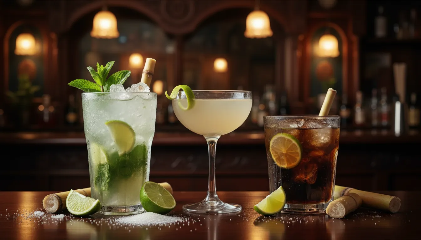 Tres cócteles cubanos clásicos en una barra: mojito, daiquirí y cuba libre