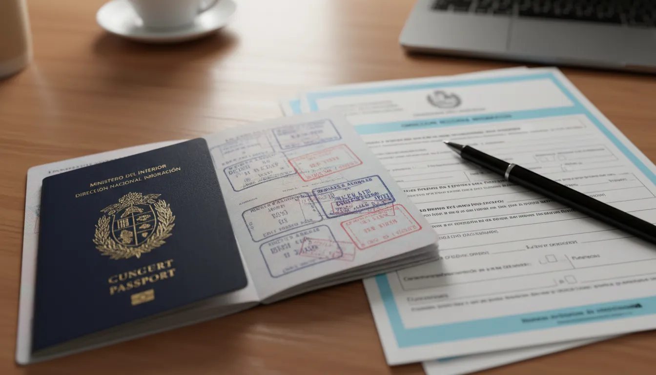 Pasaporte cubano junto a documentos de migracion uruguaya sobre un escritorio