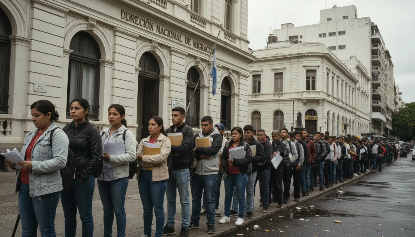 Cubanos esperando frente a una oficina de migracion en Montevideo, Uruguay, con documentos en mano