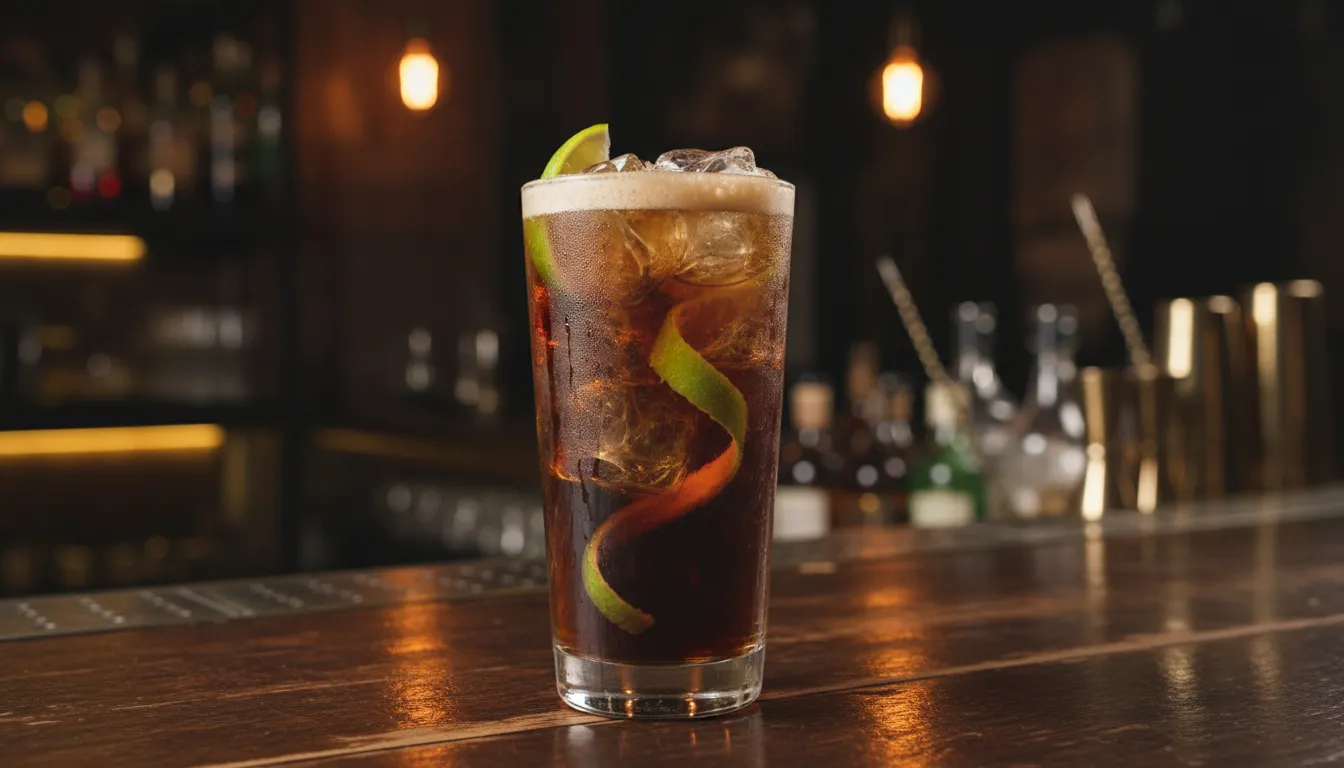 Cóctel Cubata con ron añejo y cola en vaso alto con hielo