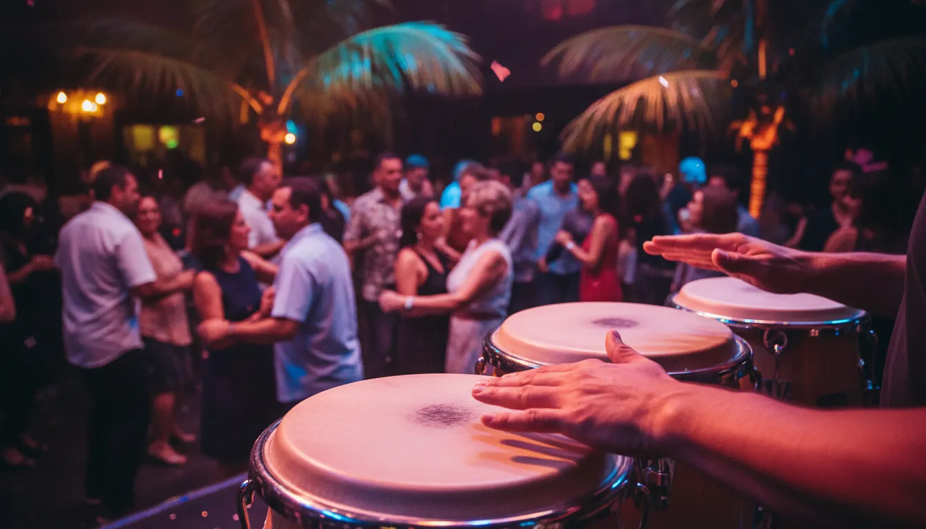 Manos tocando congas en una fiesta cubana con gente bailando salsa al fondo