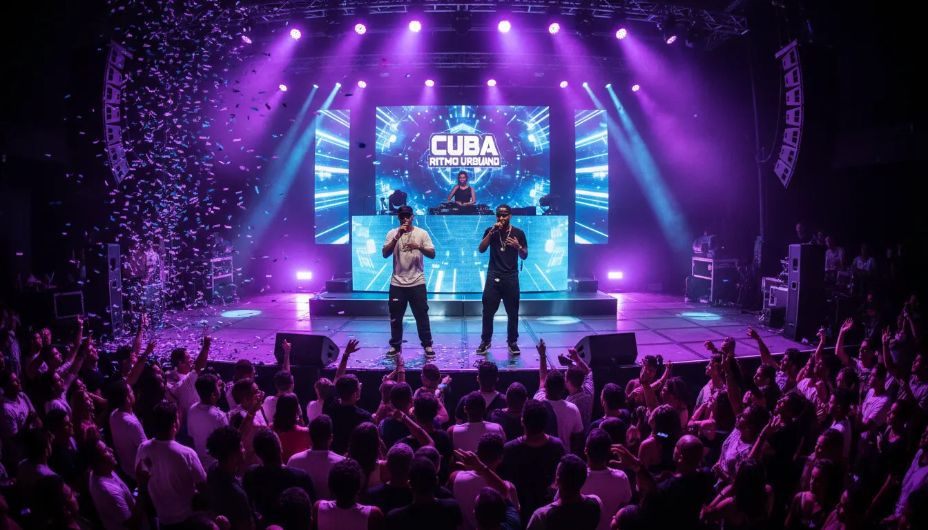 Artistas cubanos de música urbana en concierto con luces de neón