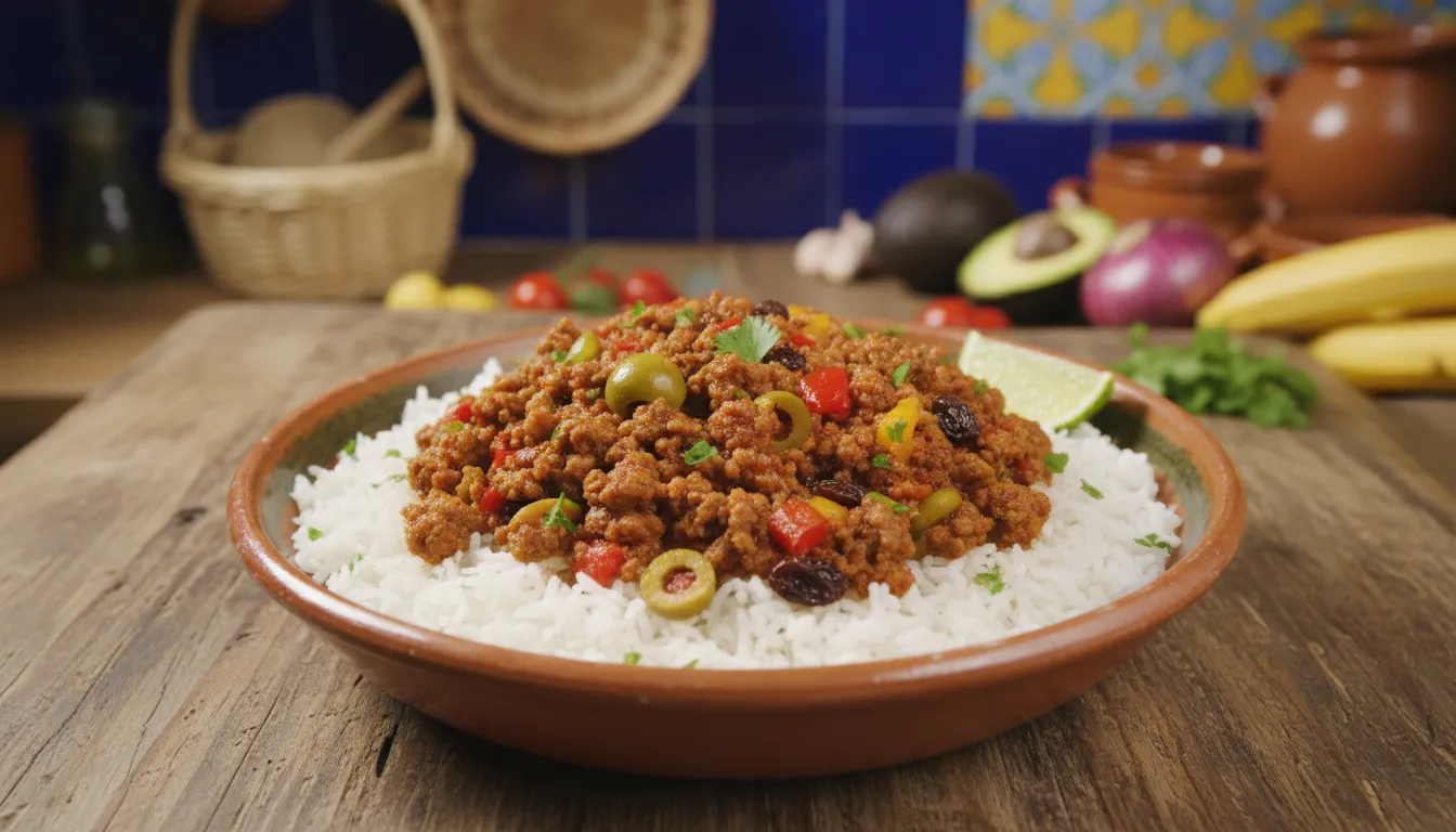 Picadillo a la habanera cubano con aceitunas y pasas sobre arroz blanco