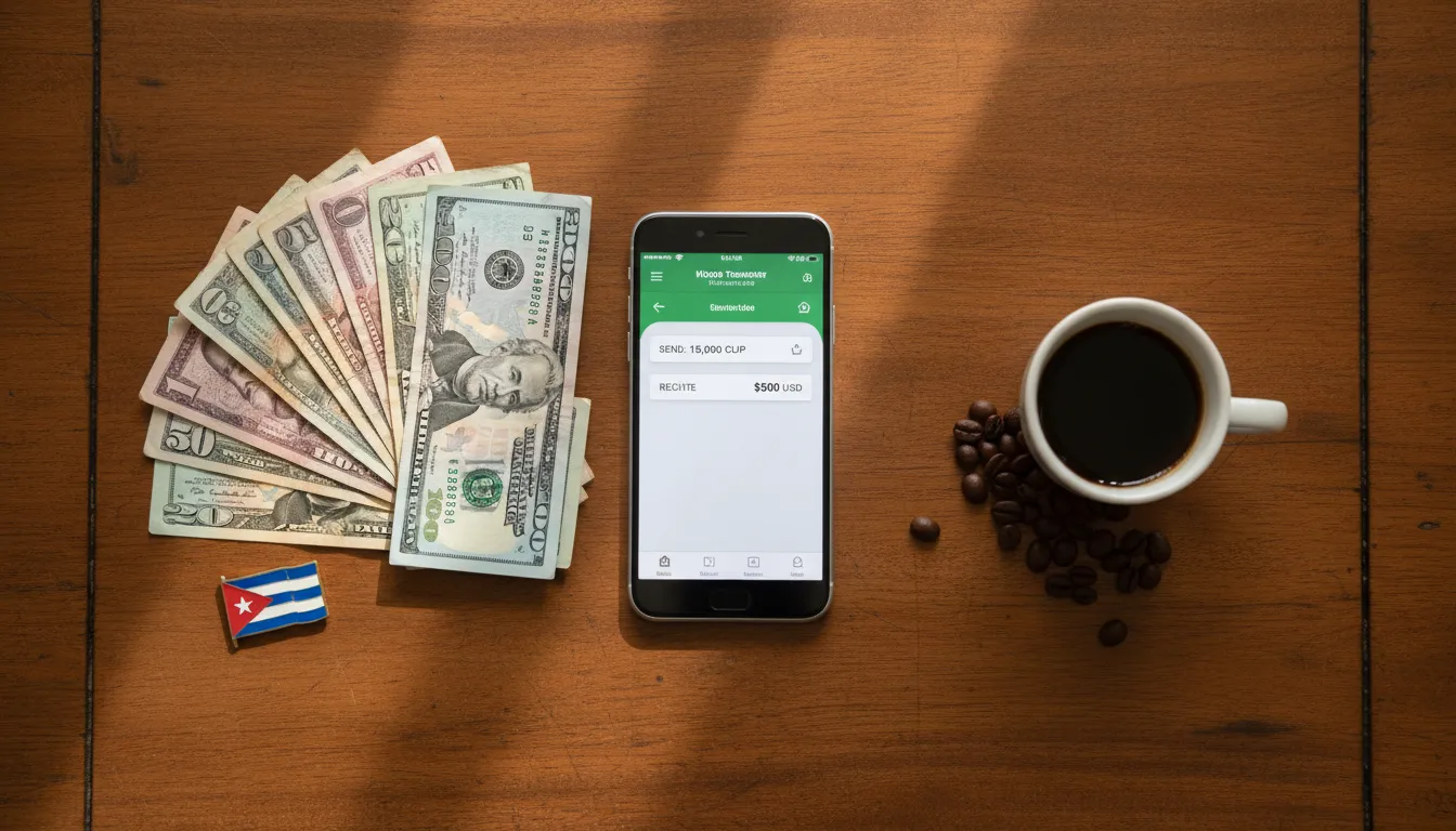 Smartphone mostrando app de transferencia de dinero junto a pesos cubanos y dolares