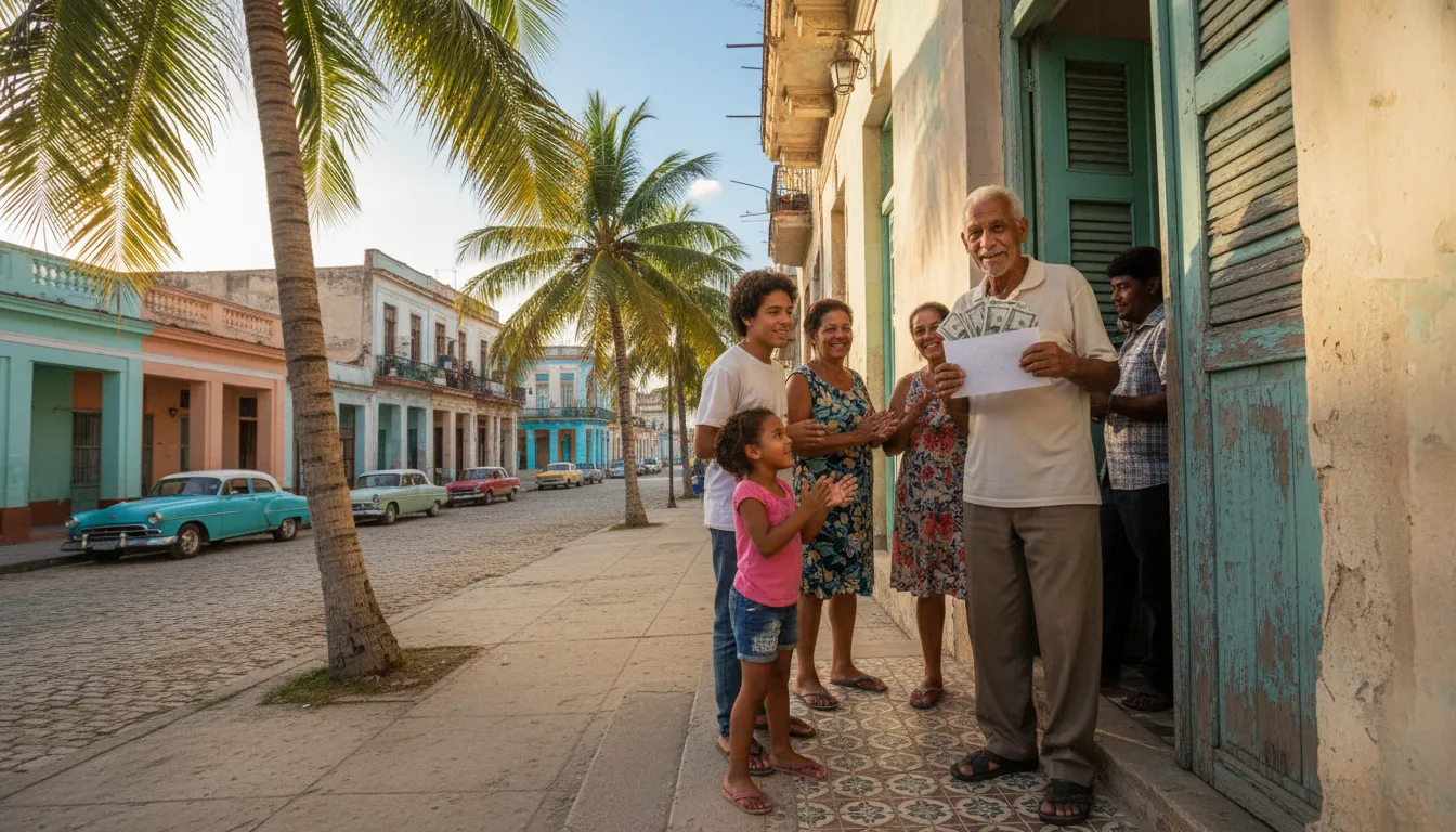 Escena calida en La Habana de una persona recibiendo dinero de remesas desde el exterior con edificios coloniales cubanos de fondo