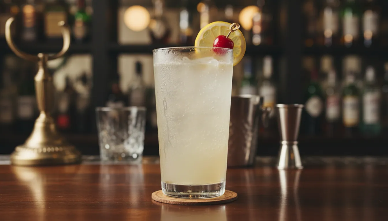 Cóctel Ron Collins cubano en vaso alto con rodaja de limón y cereza