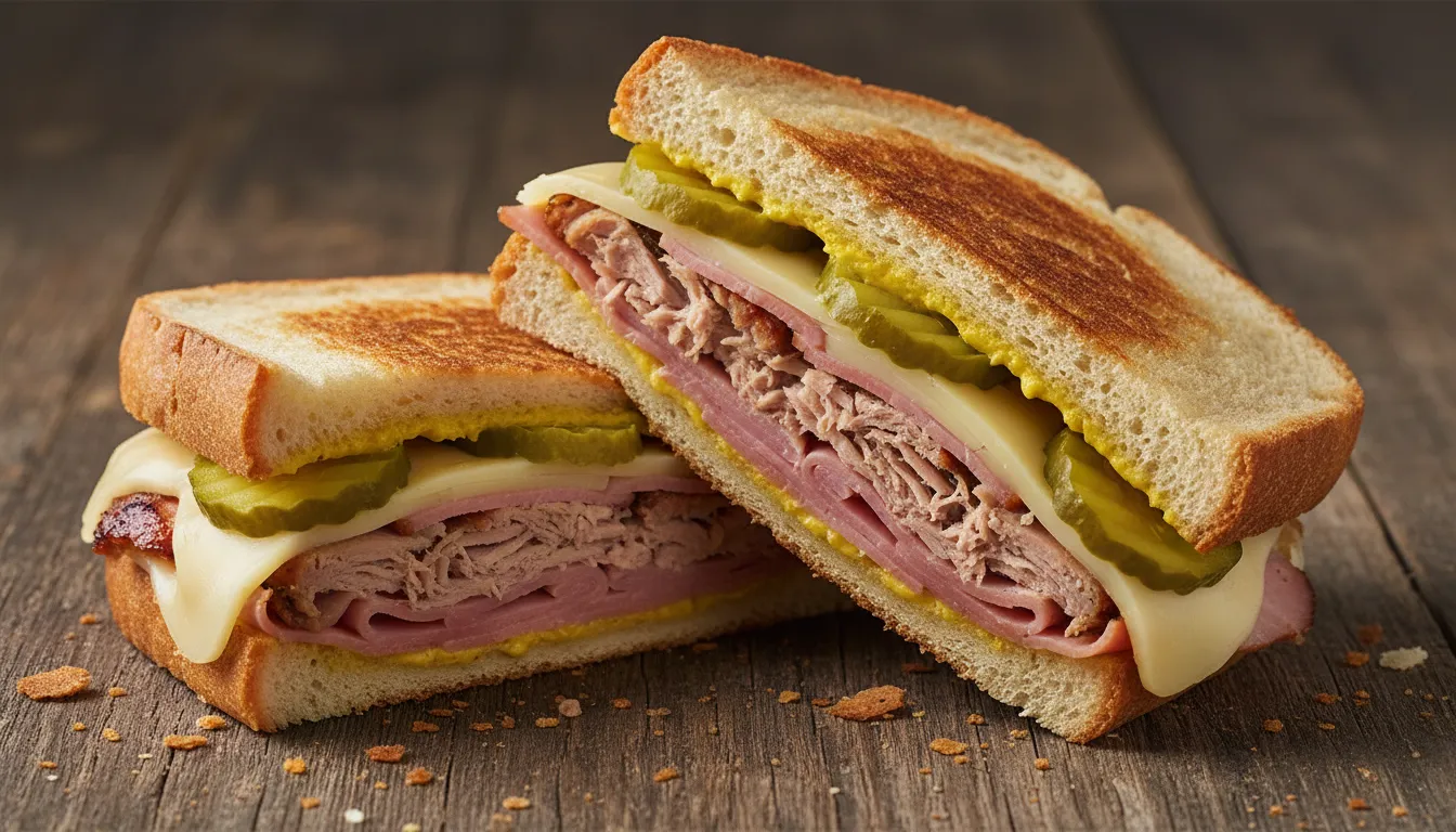Sandwich cubano cortado a la mitad mostrando capas de cerdo, jamón y queso