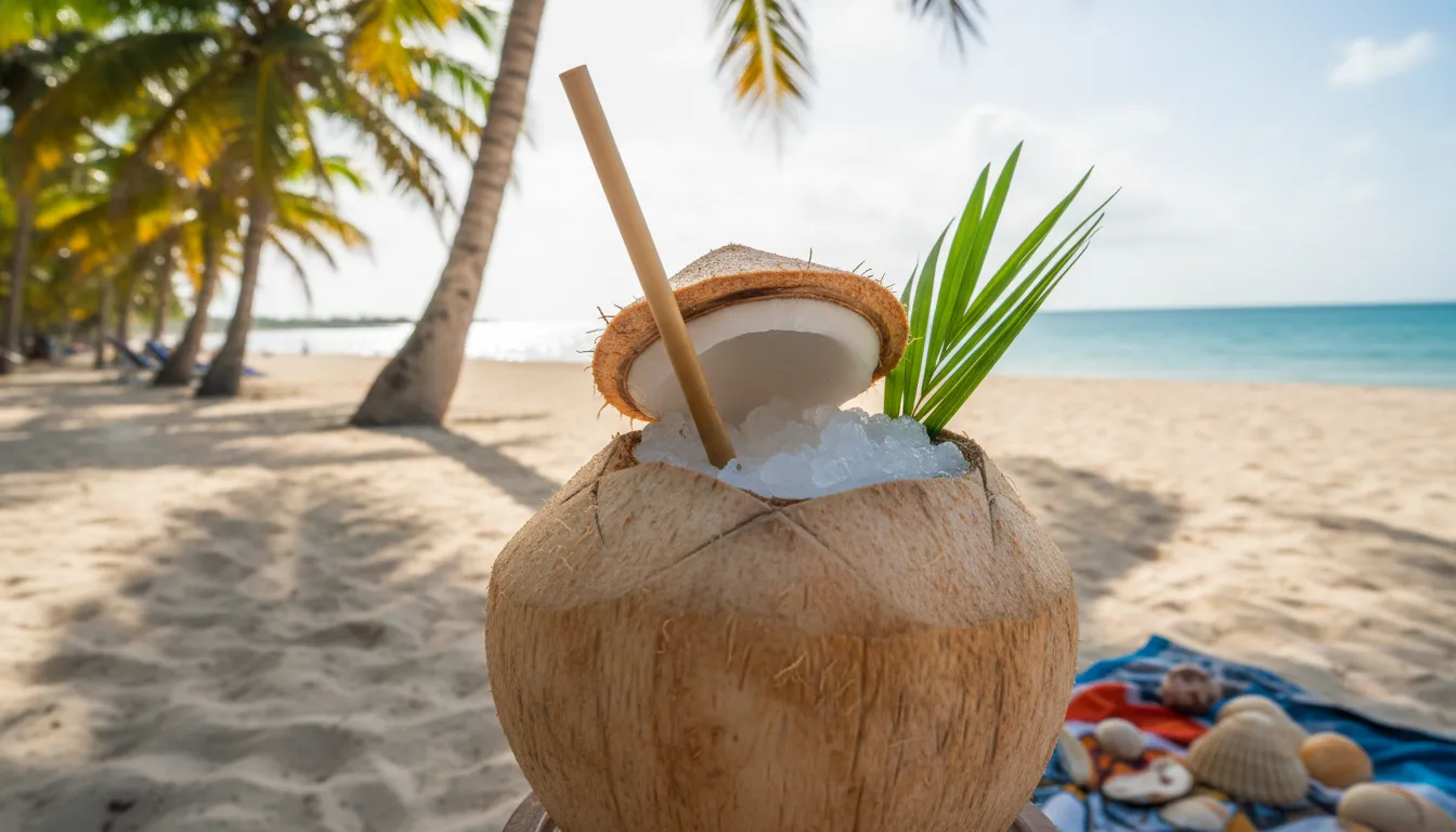 Cóctel Saoco cubano con agua de coco y ron servido en un coco