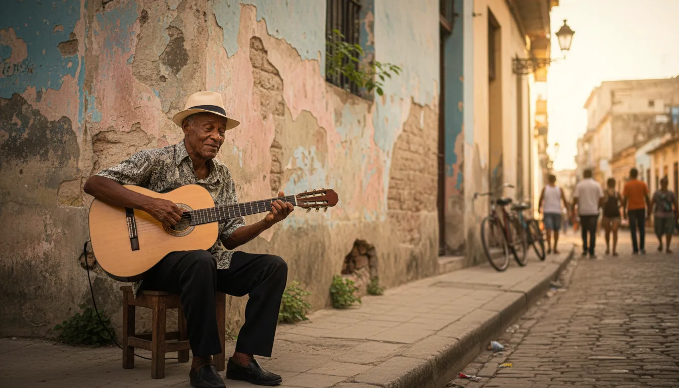 Músico cubano tocando guitarra en una calle de La Habana
