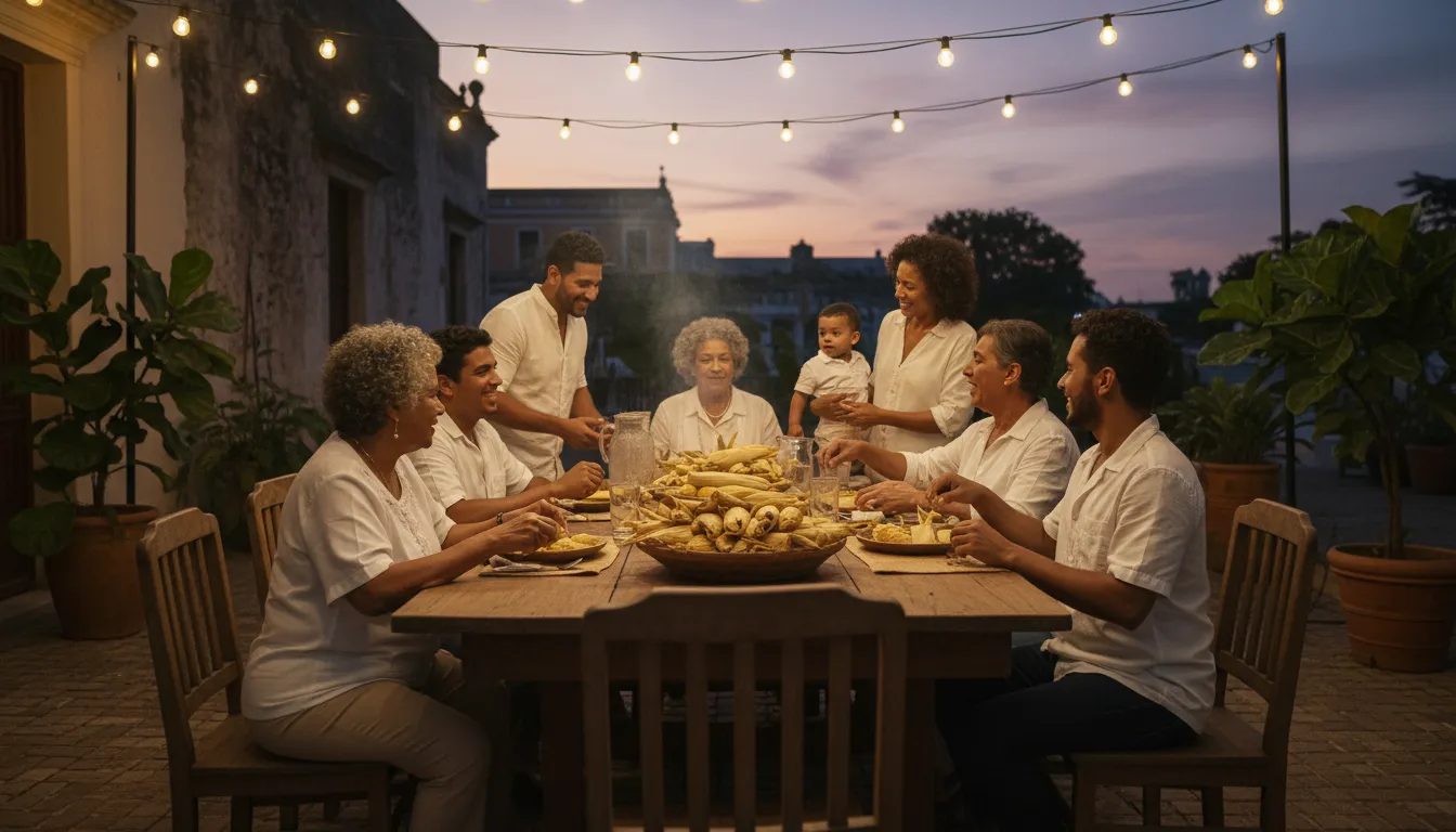 Tamales cubanos envueltos en hoja de maíz en una mesa familiar