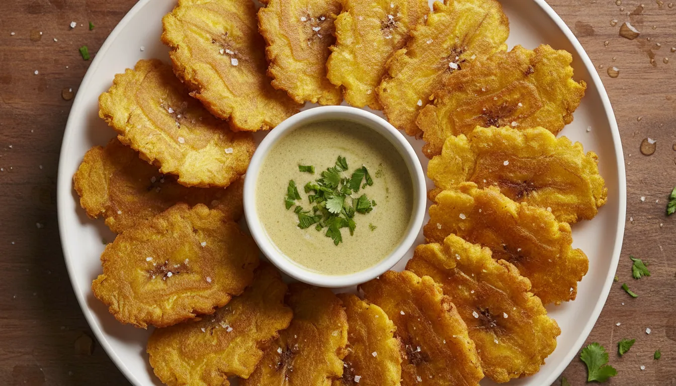 Tostones cubanos dorados con salsa de ajo mojo