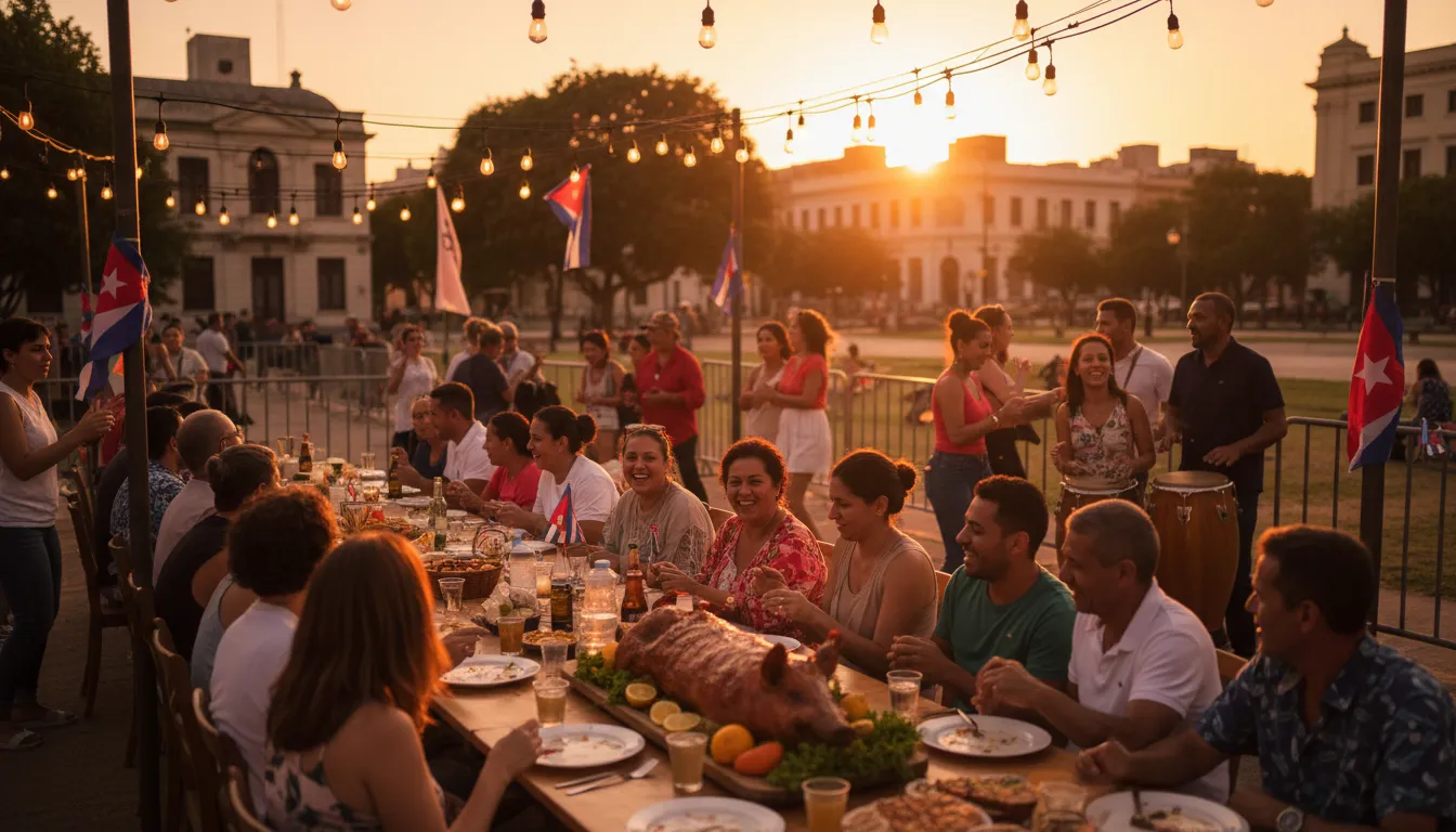 Comunidad cubana celebrando al aire libre en Uruguay con comida, música y banderas cubanas
