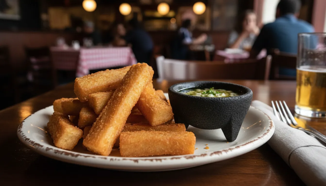Yuca frita cubana dorada con salsa de ajo mojo